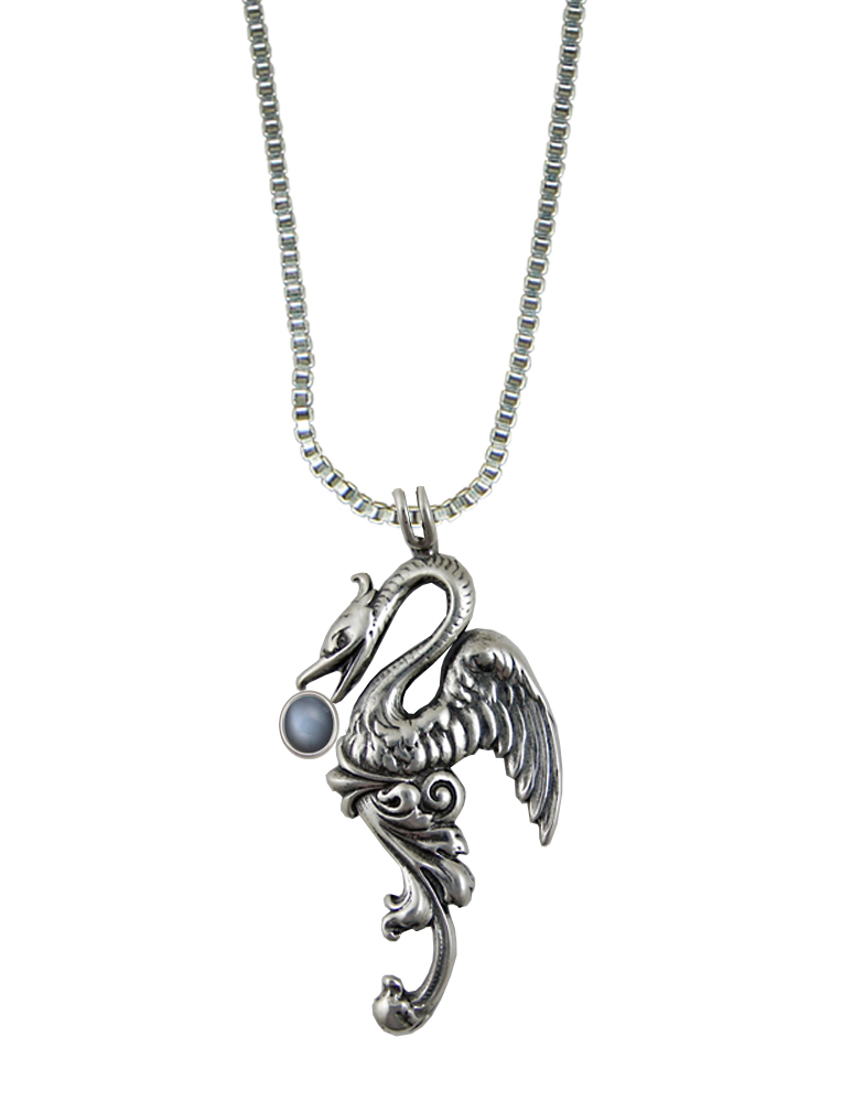 Sterling Silver Medieval Phoenix Sun Bird Pendant With Grey Moonstone